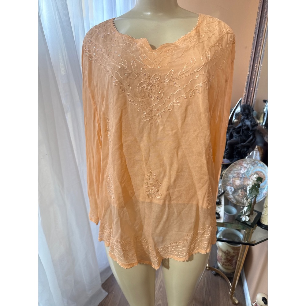 Indian Tropical Fashion Peach Rayon‎ Embroidered Sequin Blouse Plus Size Boho
